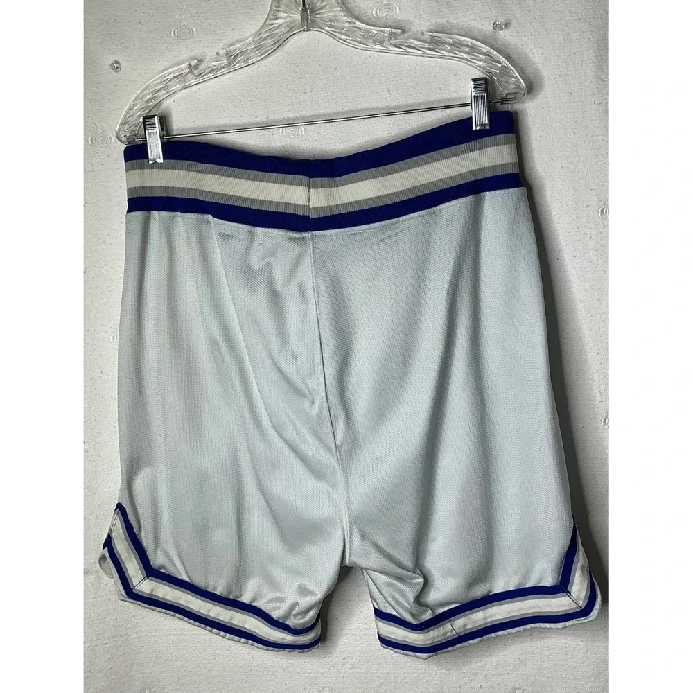 Vintage DeLONG Mens Mesh Basketball Shorts White Blue Gray Striped Size 36 12-94
